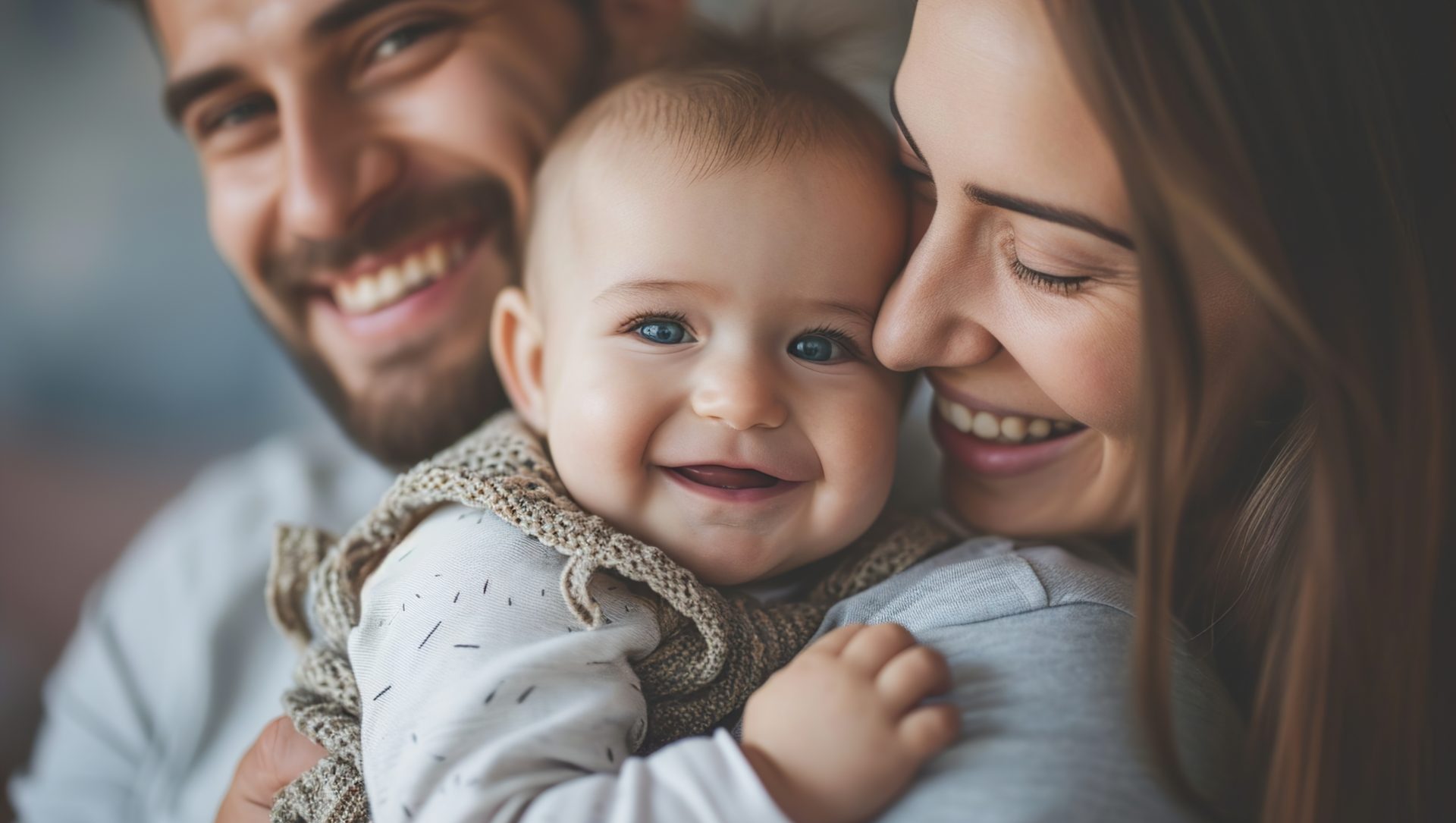 Happy man holding adorable baby near smiling wife